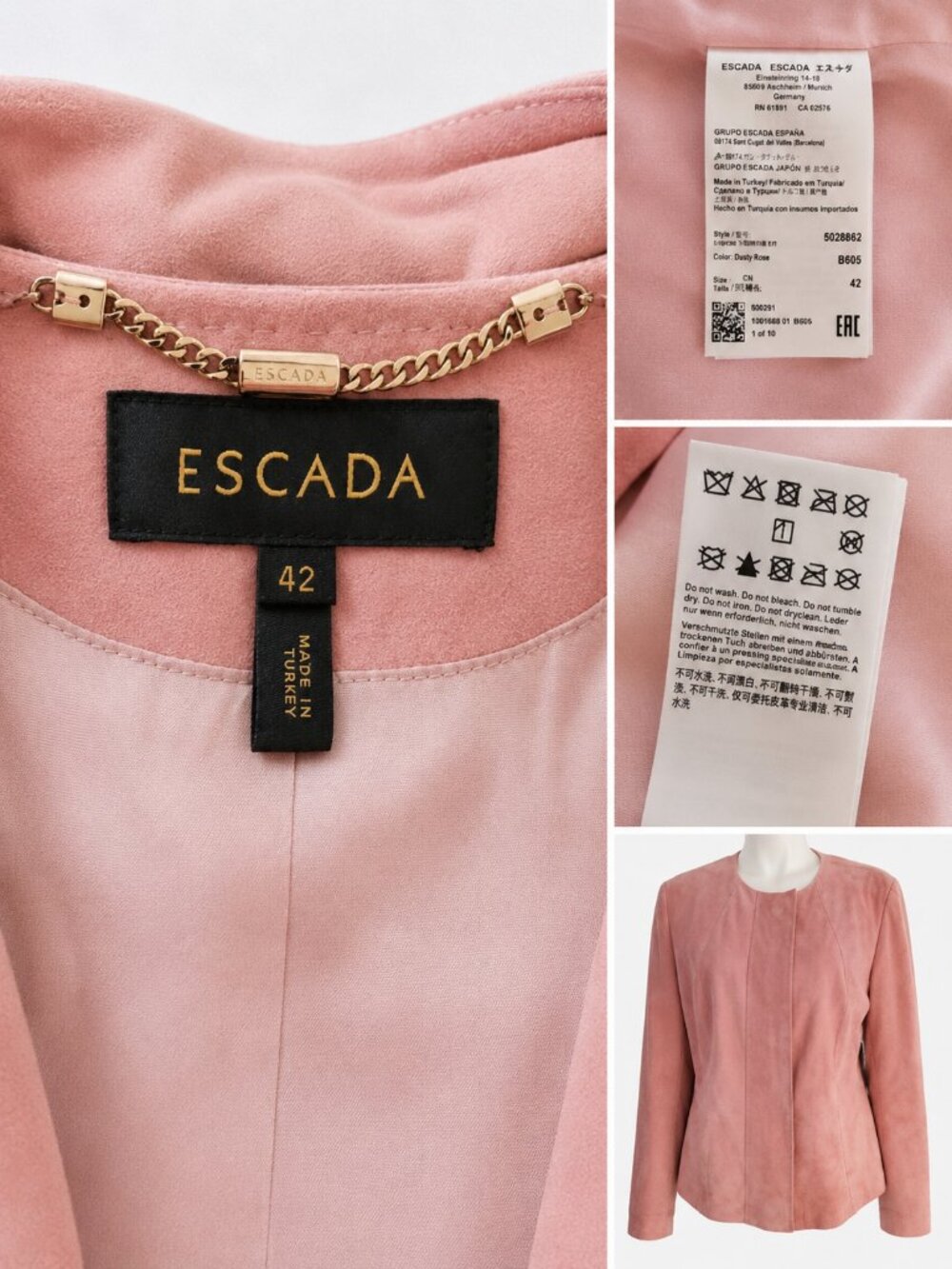 VINTAGE ESCADA Pink Suede Moto Jacket 42 Lambskin Luxury Statement Leather - Picture 8 of 10